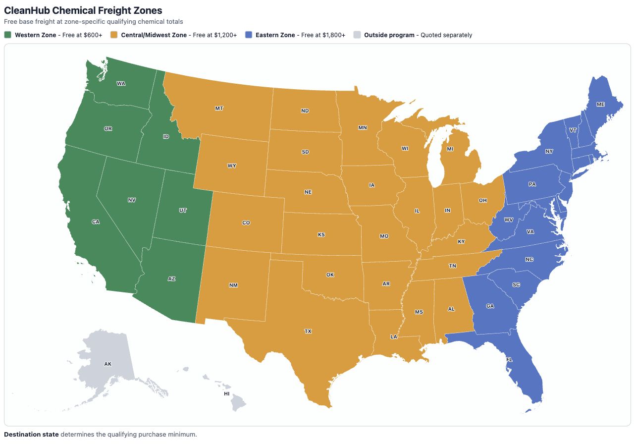 Map of CleanHub chemical freight zones and qualifying purchase minimums