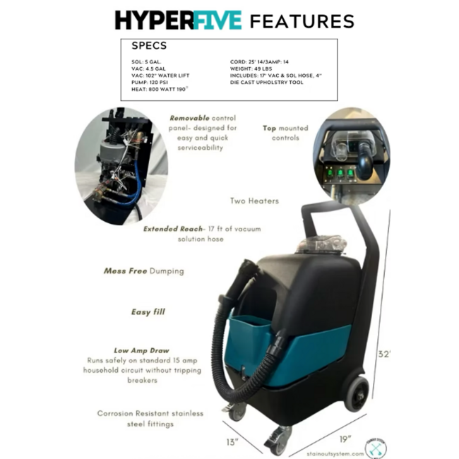 Stain Out System Hyper Five | 5 Gallon | 120 PSI | 800 Watt Heater | 3 Stg Vac (1) W/ Uph Tool & 17' Hose Combo