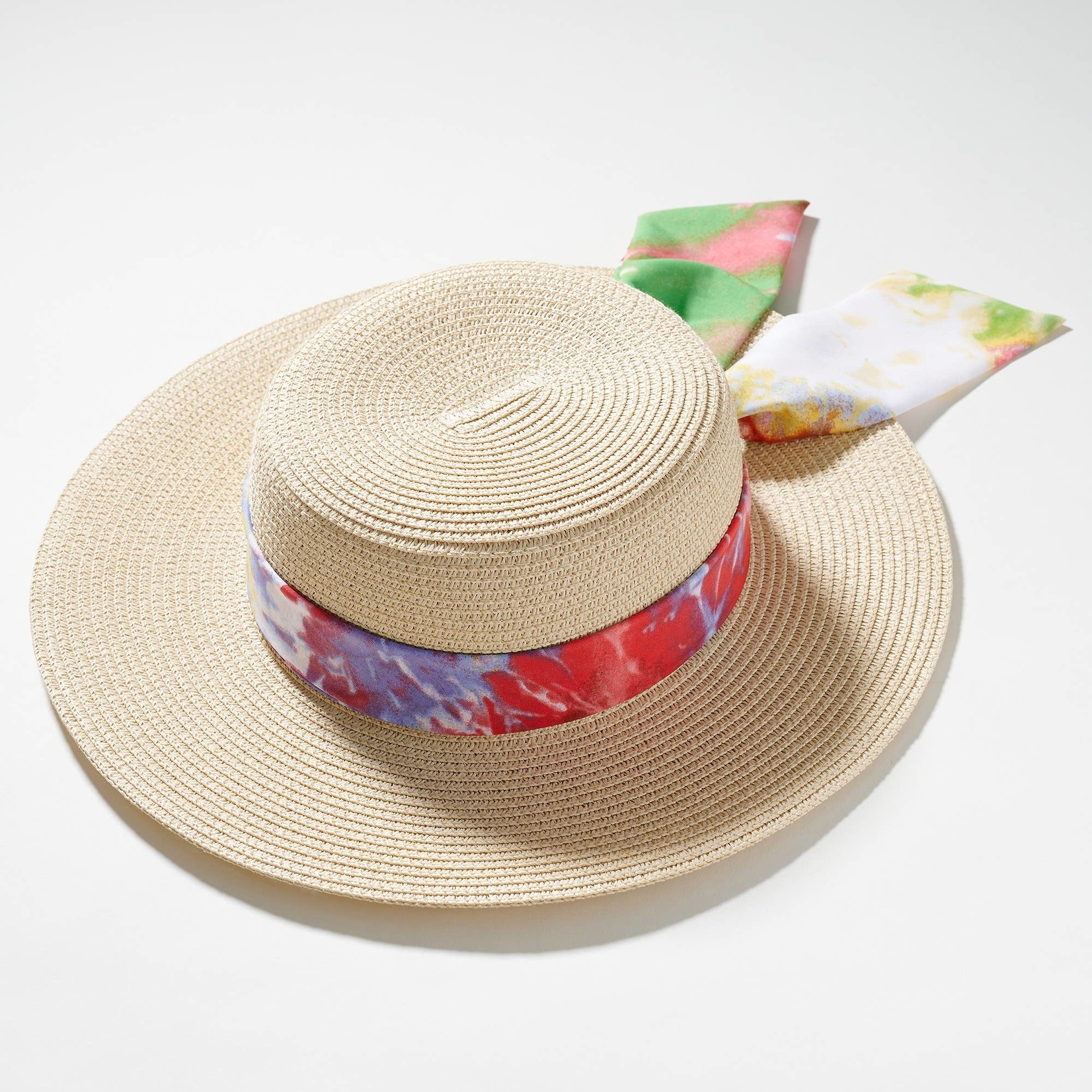 Beige Straw Hat with Tye die scarf