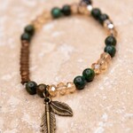 Beaded Elastic Braclet w/feather charm Green