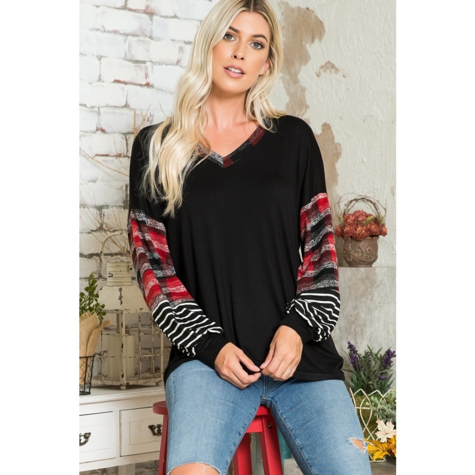 Black with Stripe/Plaid Bubble Sleeve