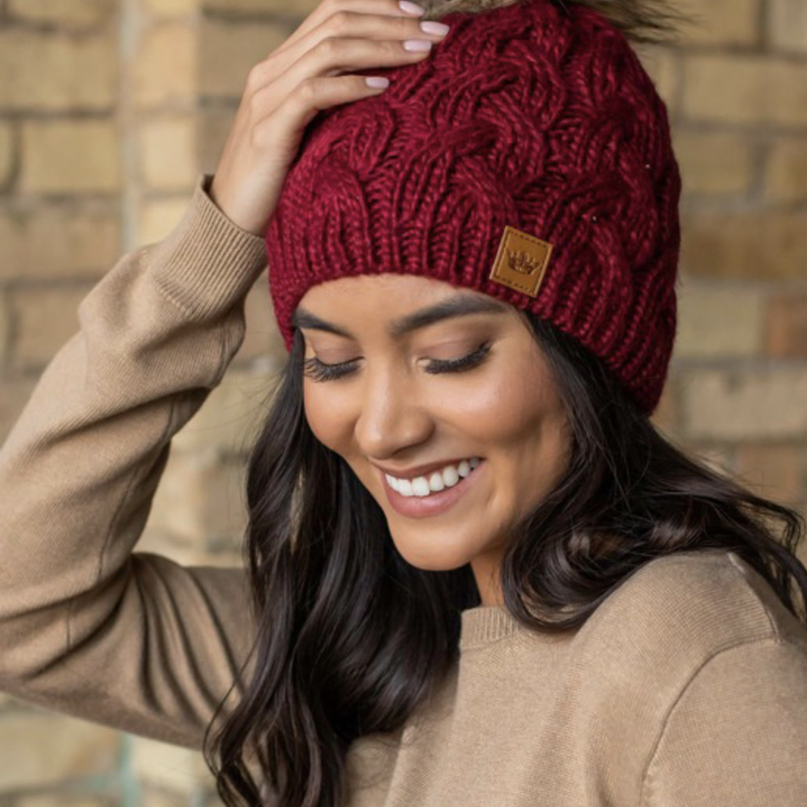 Panache Panache-Wine Cable Knit Beanie F.L. w/Pom