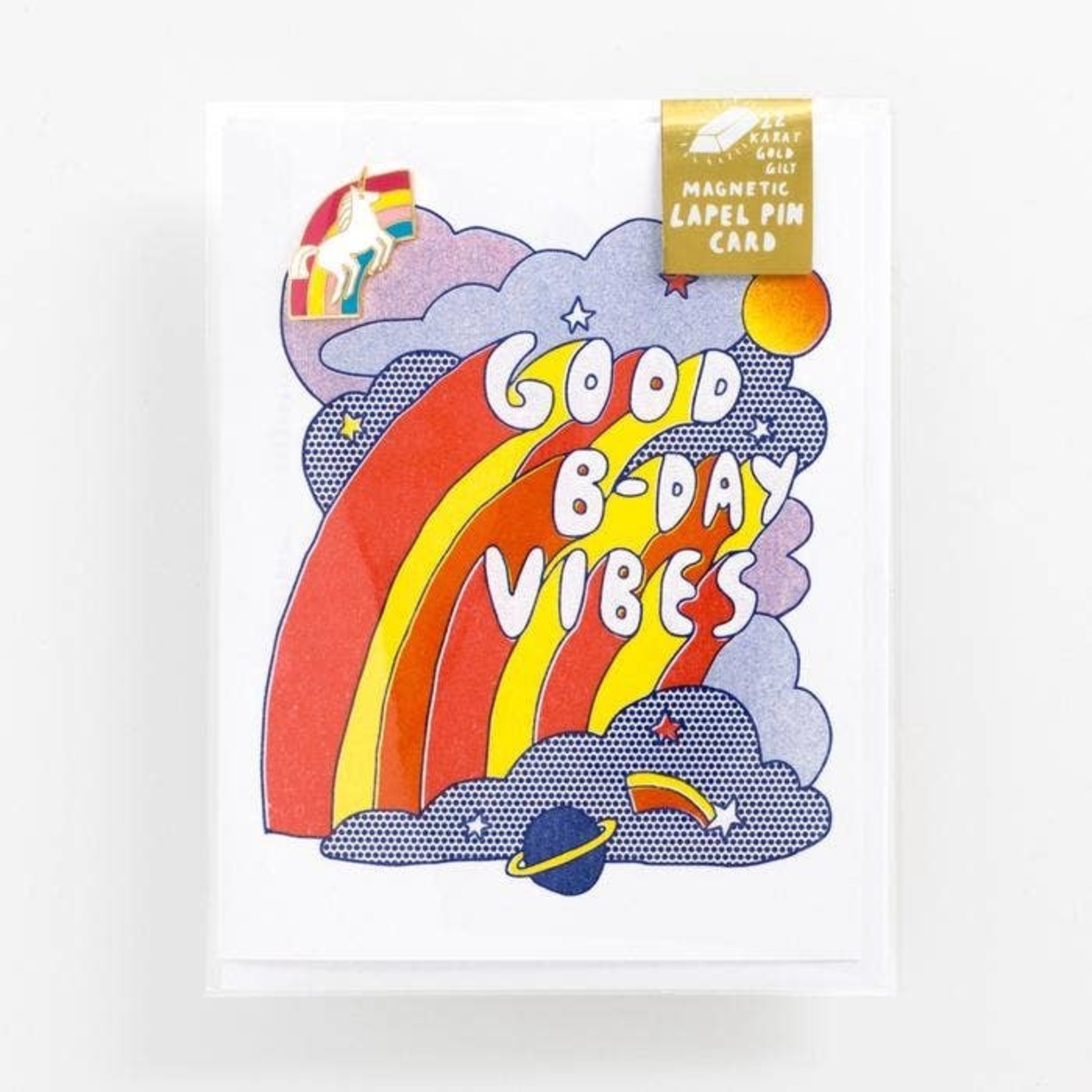 Yellow Owl Workshop Unicorn and Rainbow Pin and Good Vibes Card