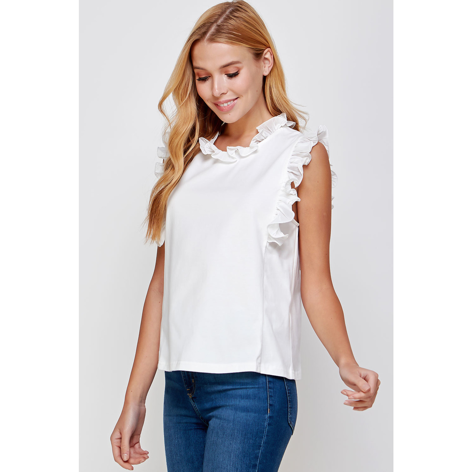 Pleated Ruffle Neck and Sleeve Top - White