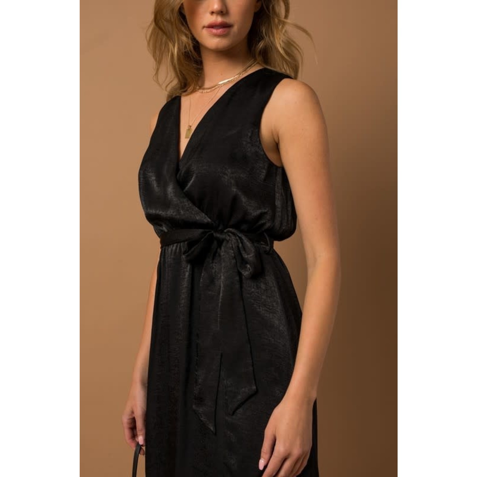 Satin Front Slit S/L Maxi Dress - Black