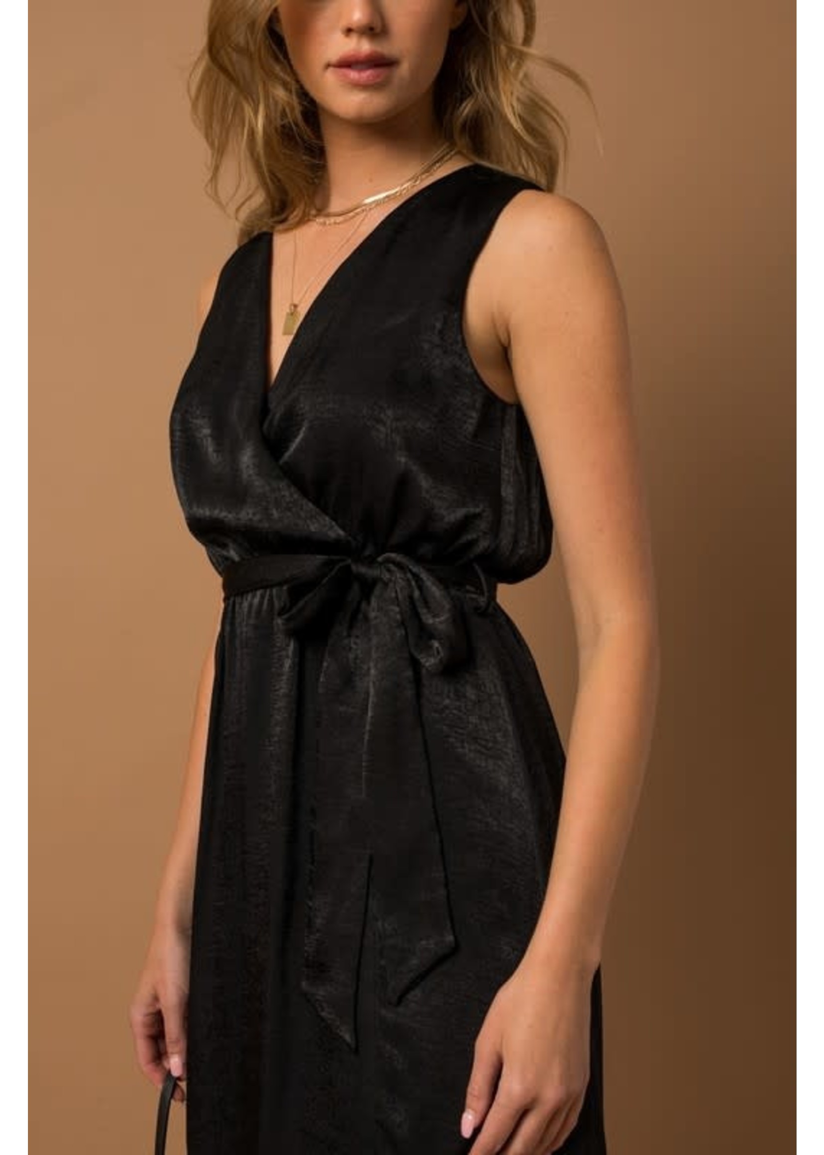 Satin Front Slit S/L Maxi Dress - Black