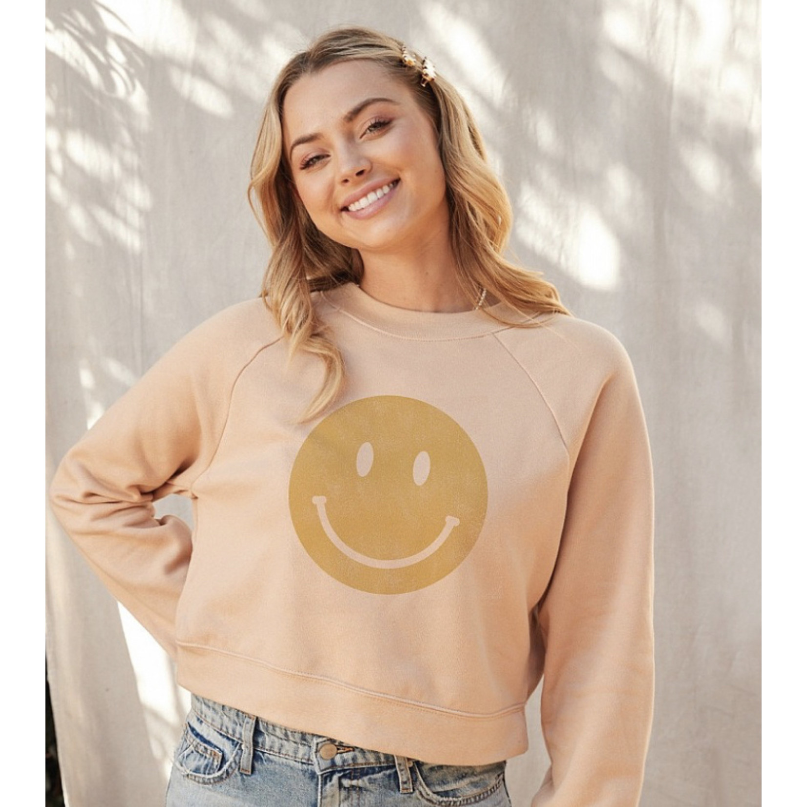 Smiley Face Crop Sweatshirt - Sand Dune -