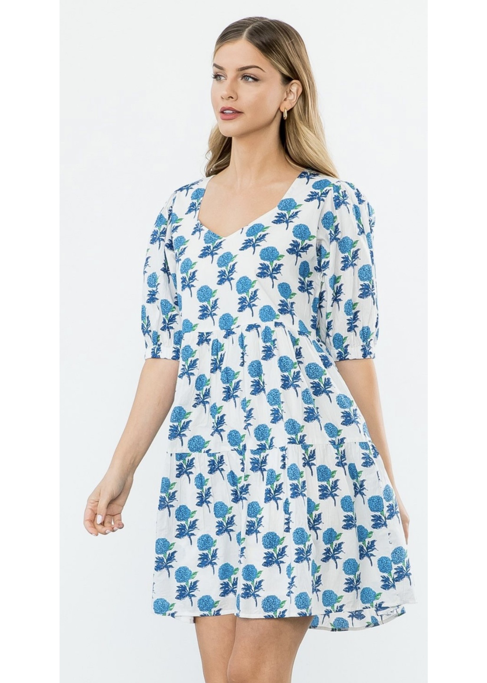 Flower Pattern S/S Dress - Blue/White