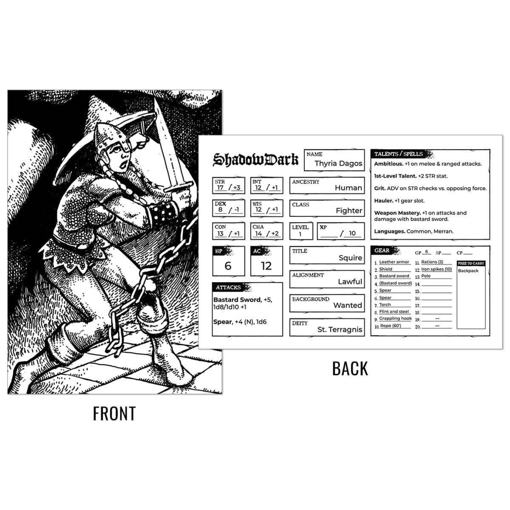 The Arcane Library Shadowdark RPG - 1st level Character Cards (Print + PDF)