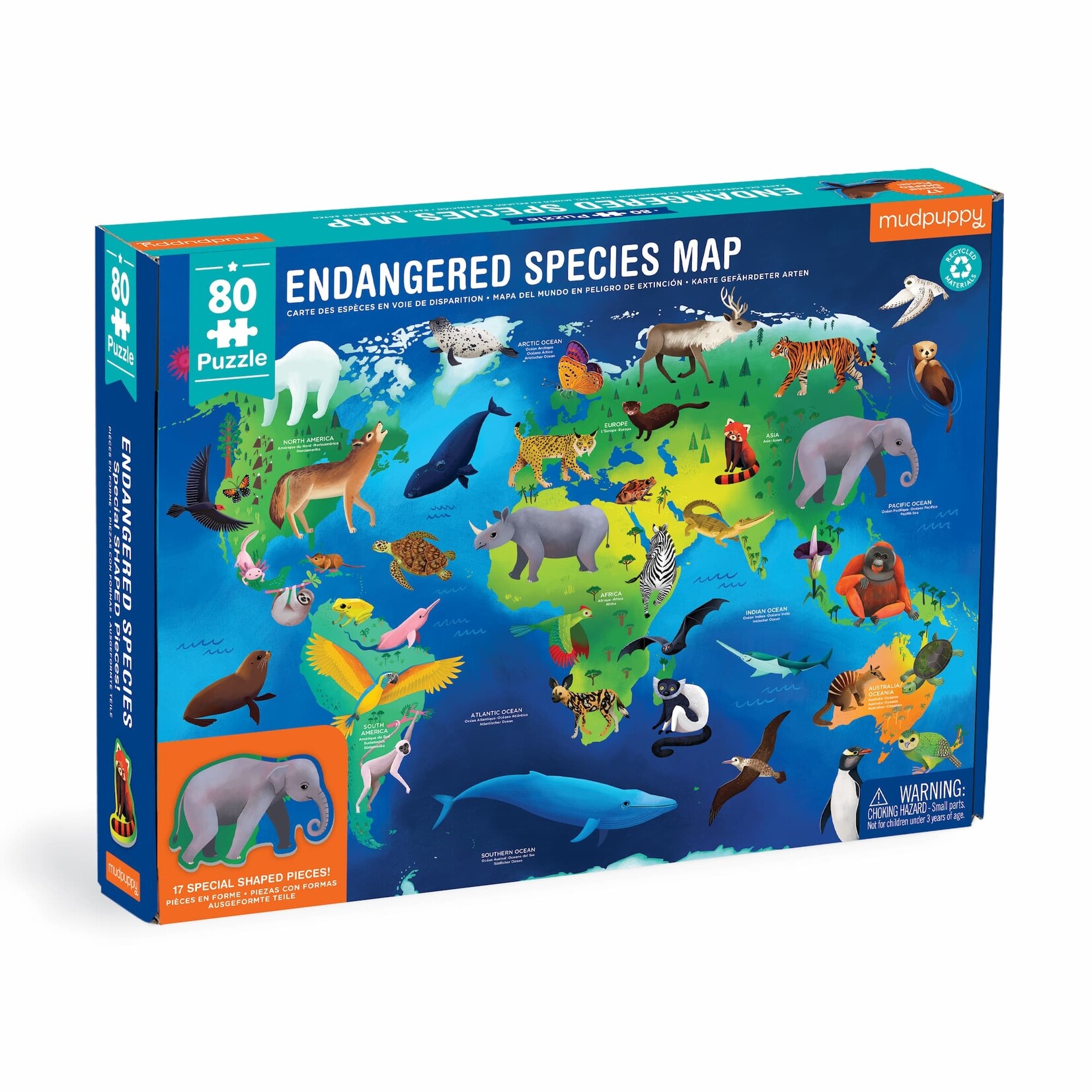 Mudpuppy Geography Puzzle - Endangered Species Around the World 80 Piece Puzzle