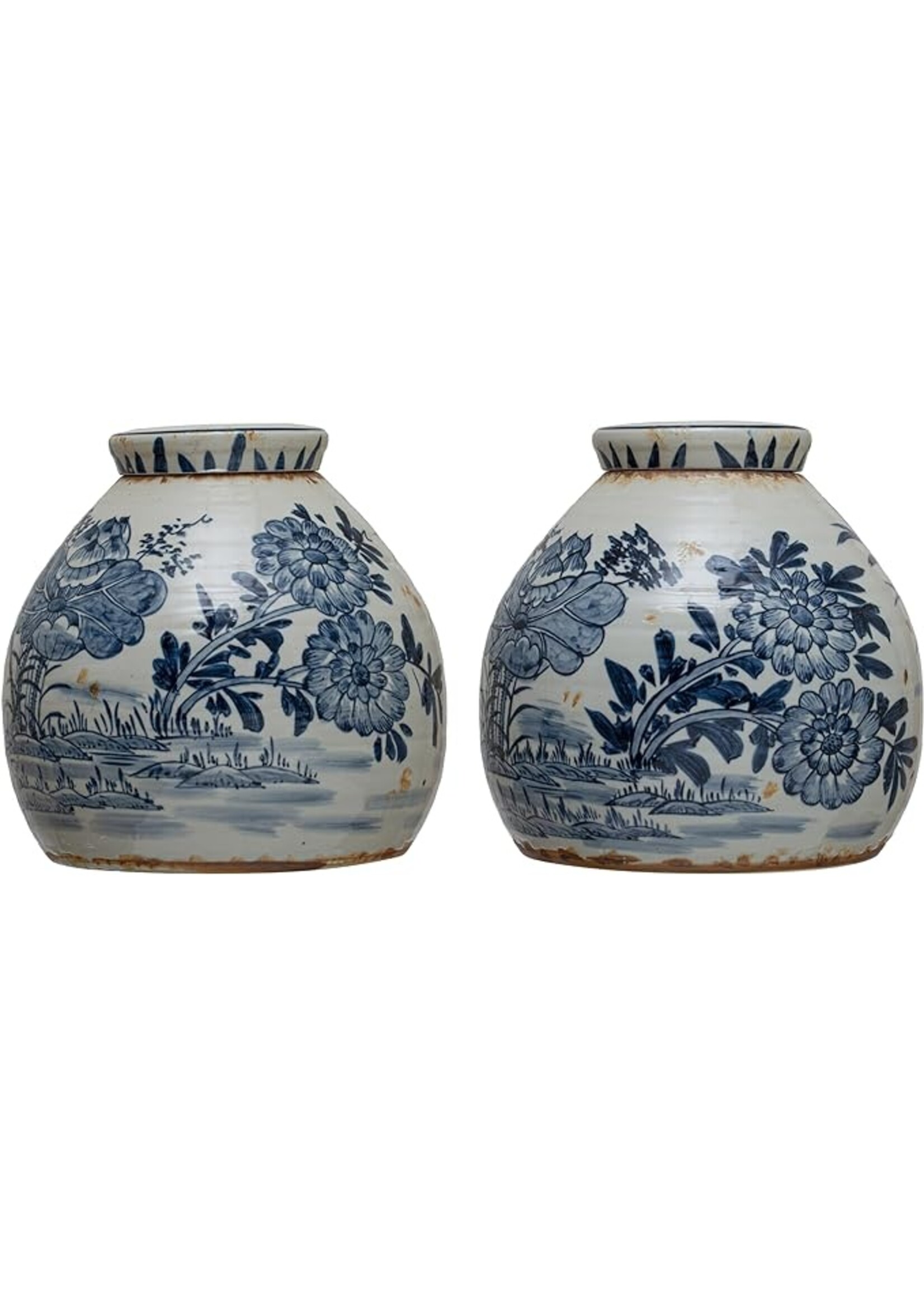 Decorative Stoneware Ginger Jar - Distressed Blue & White