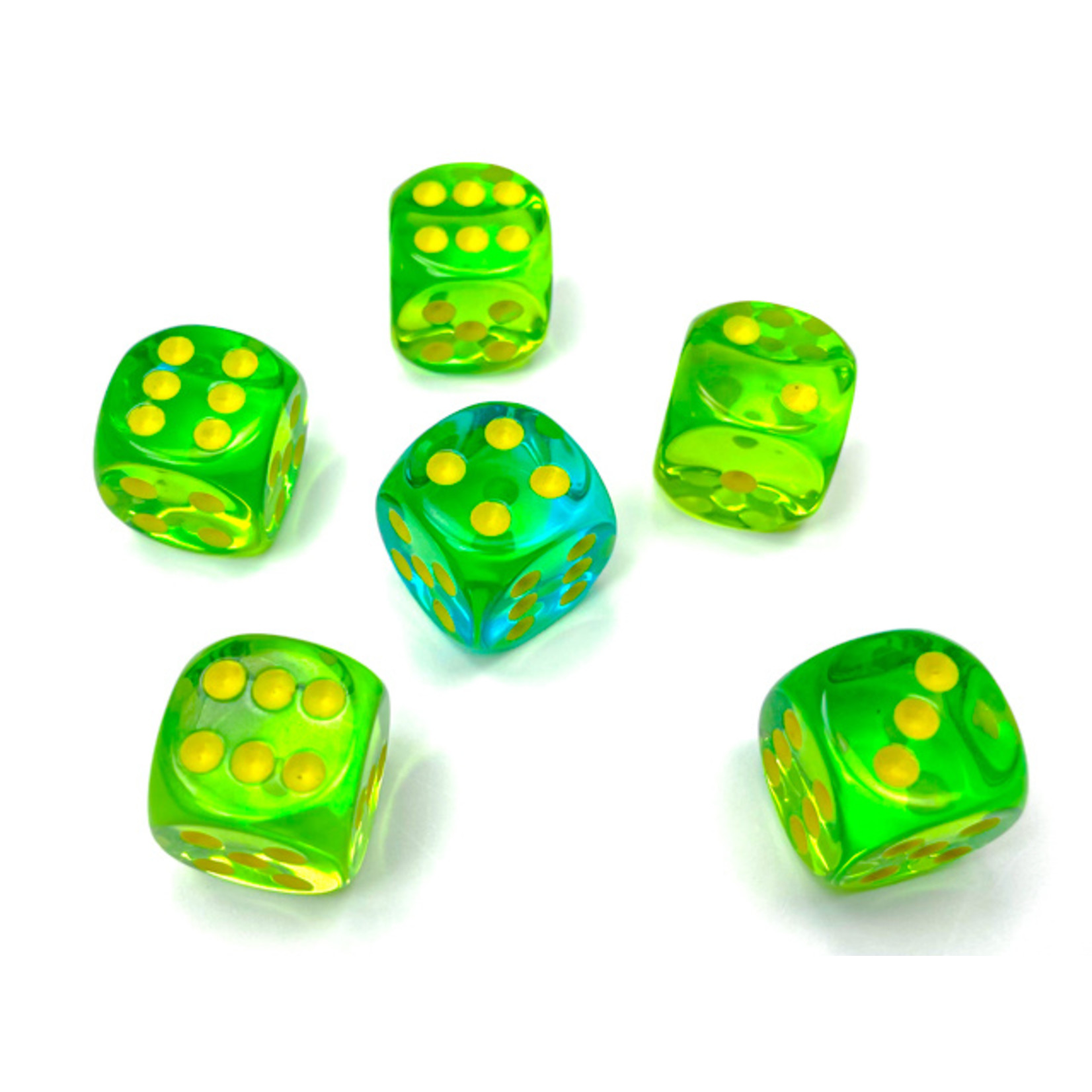 Chessex 26666 Gemini Translucent Teal and Green with Yellow 16mm D6-Set