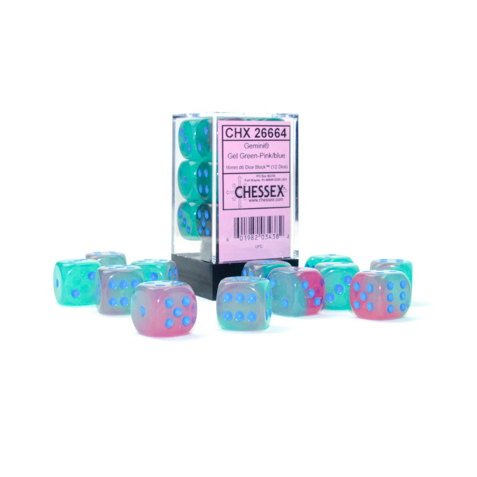 Chessex 26664 Gemini Gel Green and Pink with Blue 16mm D6-Set