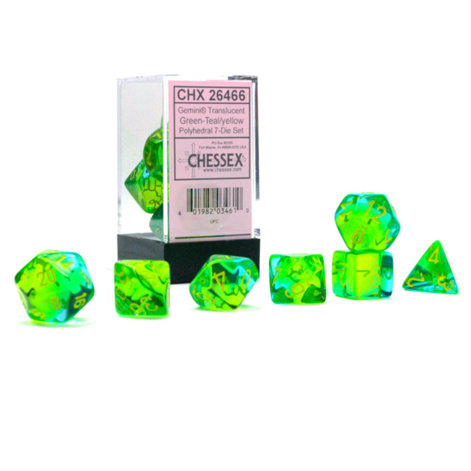 Chessex 26466 Gemini Translucent Teal and Green with Yellow 7-Set