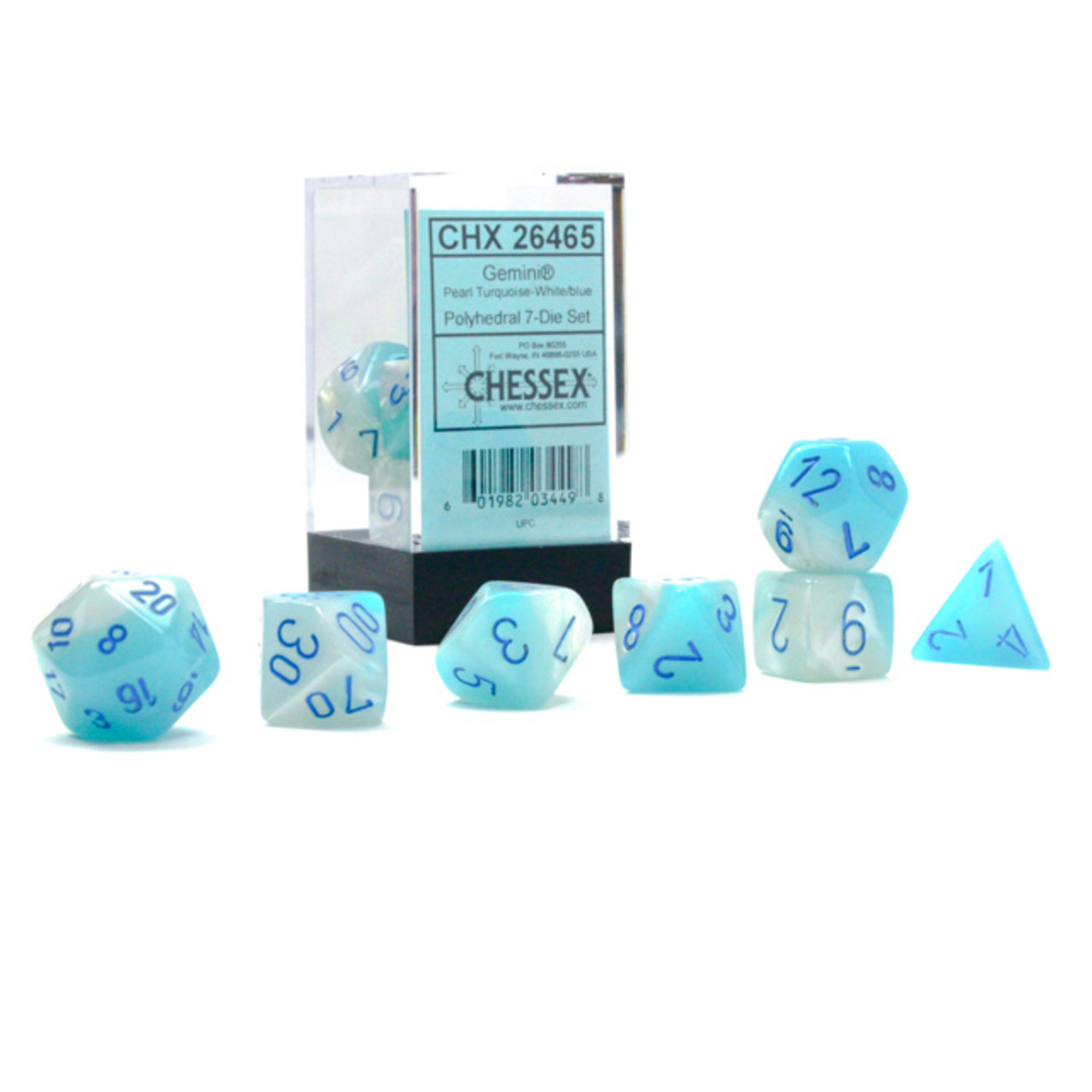 Chessex 26465 Gemini Pearl Turquoise and White with Blue 7-Set