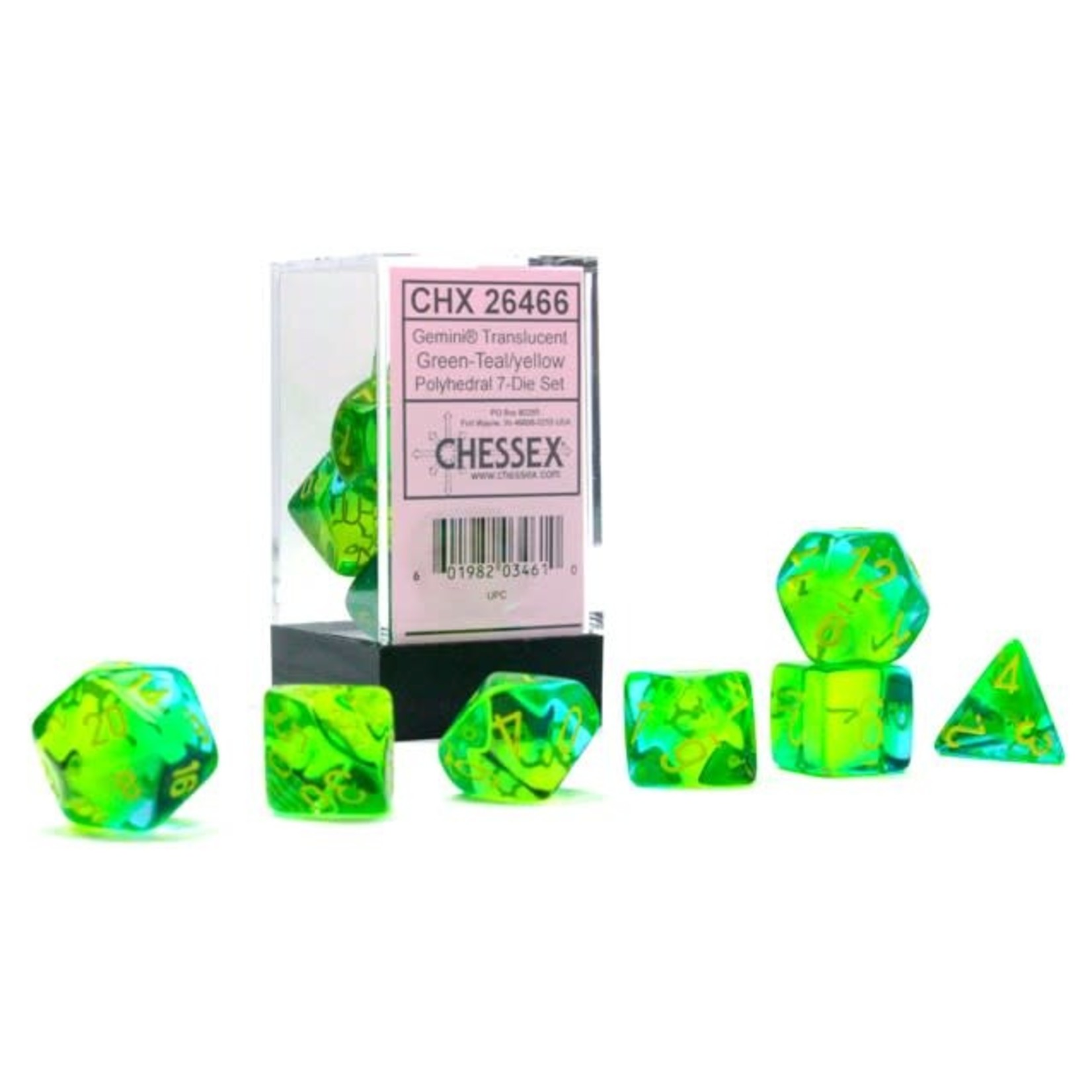 Chessex 26466 Gemini Translucent Green/Teal with Yellow 7-Set