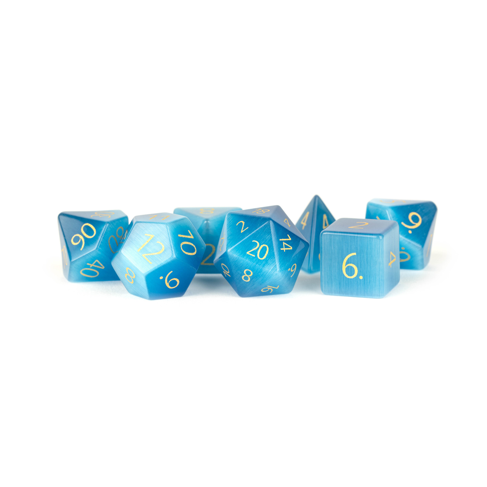 Metallic Dice Games 16mm Stone Dice Set: Engraved Cat's Eye Aquamarine