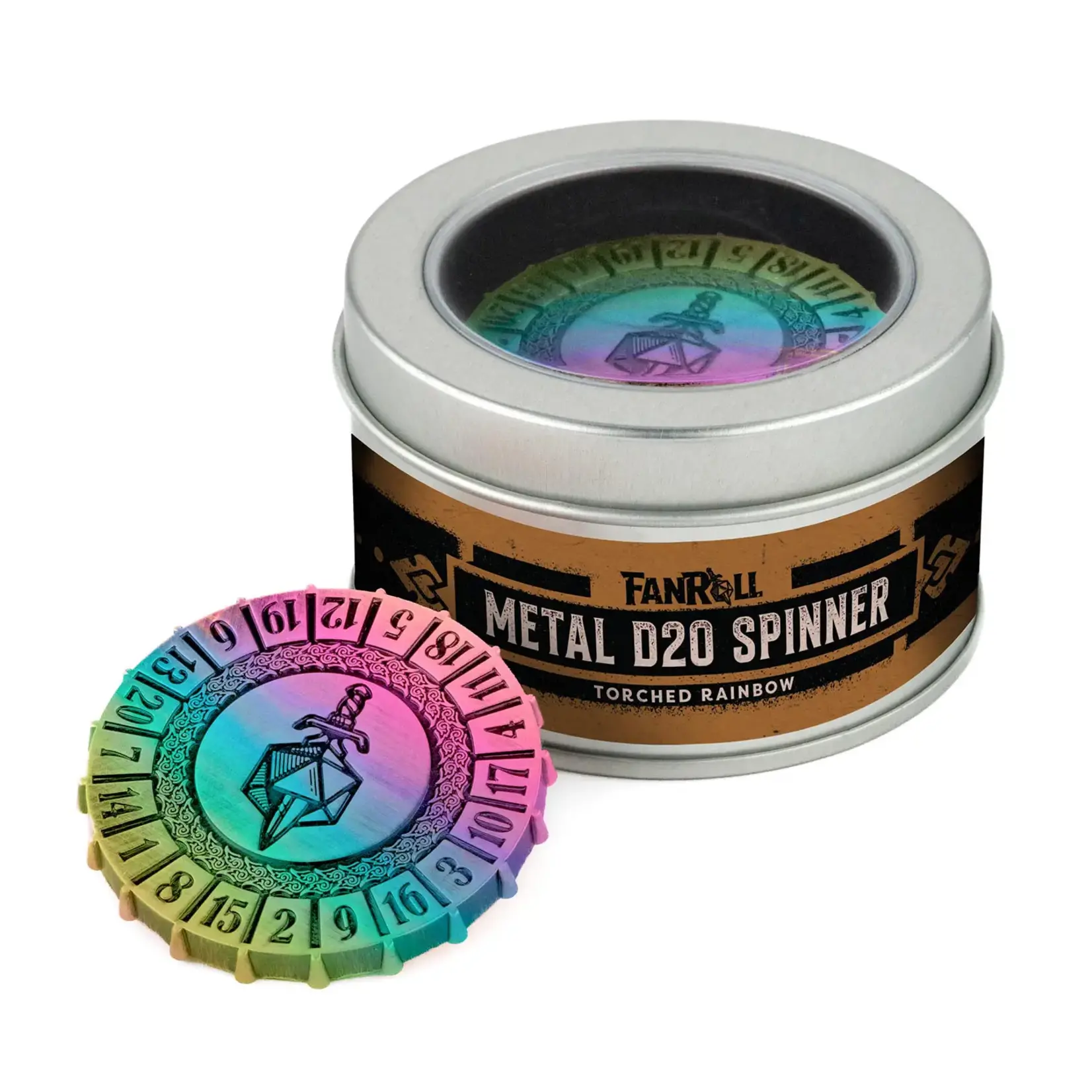 Fanroll by Metallic Dice Games Metal D20 Spinner: Torched Rainbow