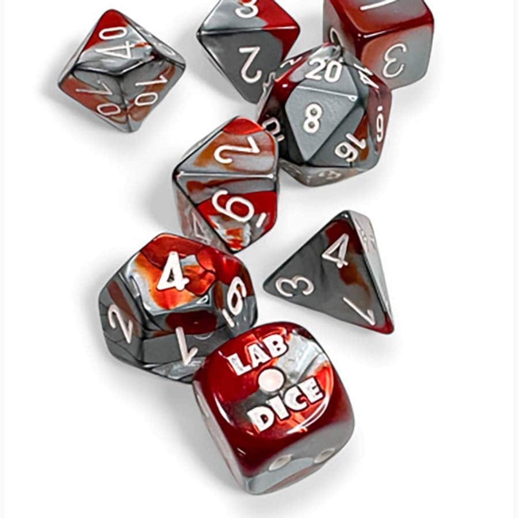 Chessex 30066 Lab Dice GEMINI RED-STEEL with White 8-Set