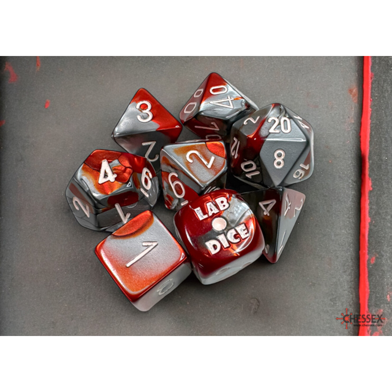 Chessex 30066 Lab Dice GEMINI RED-STEEL with White 8-Set