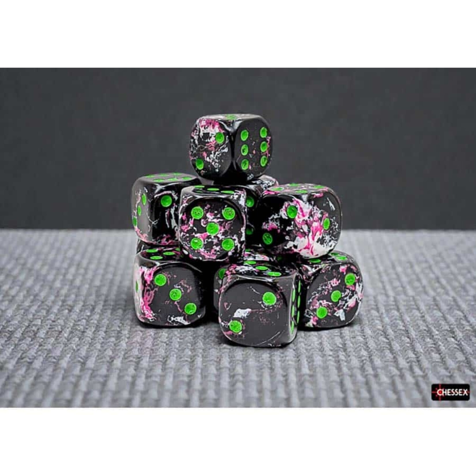 Chessex 24614 16mm Brushed Dice: Paintball with Green D6 12-Set