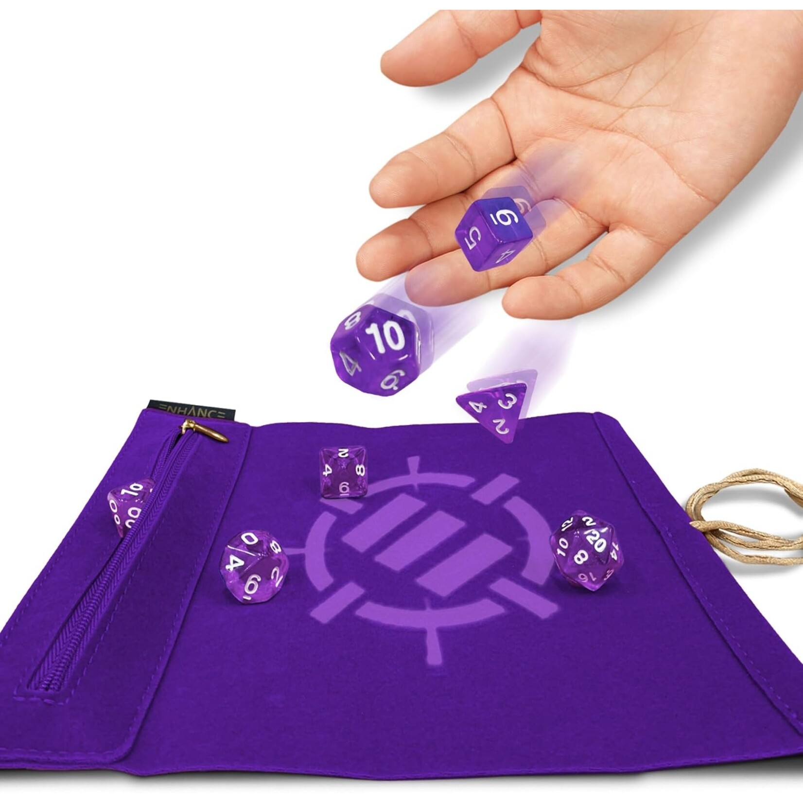 Enhance Gaming Purple Tabletop Roll on a Scroll Dice Case and 7pc Acrylic Dice Set