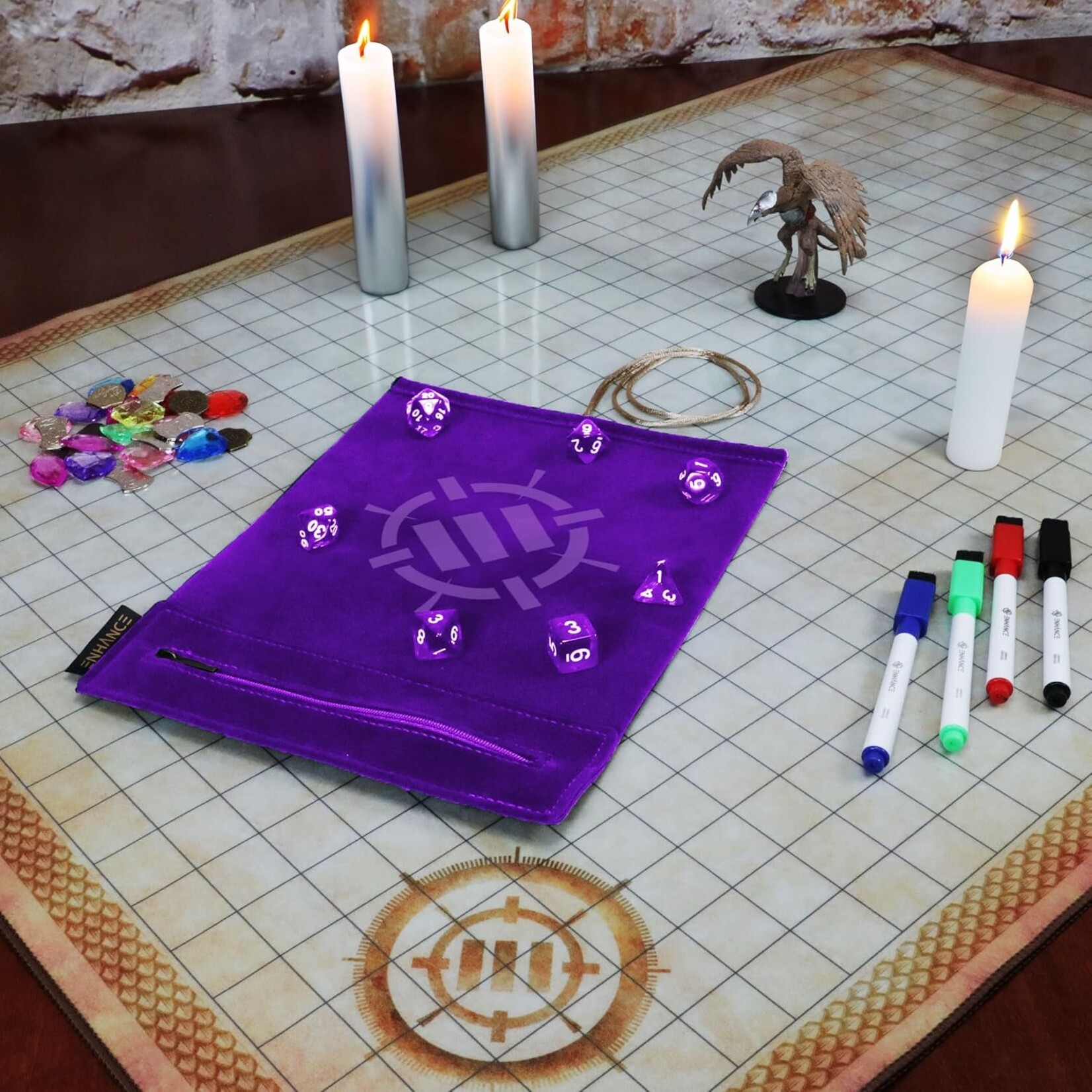Enhance Gaming Purple Tabletop Roll on a Scroll Dice Case and 7pc Acrylic Dice Set