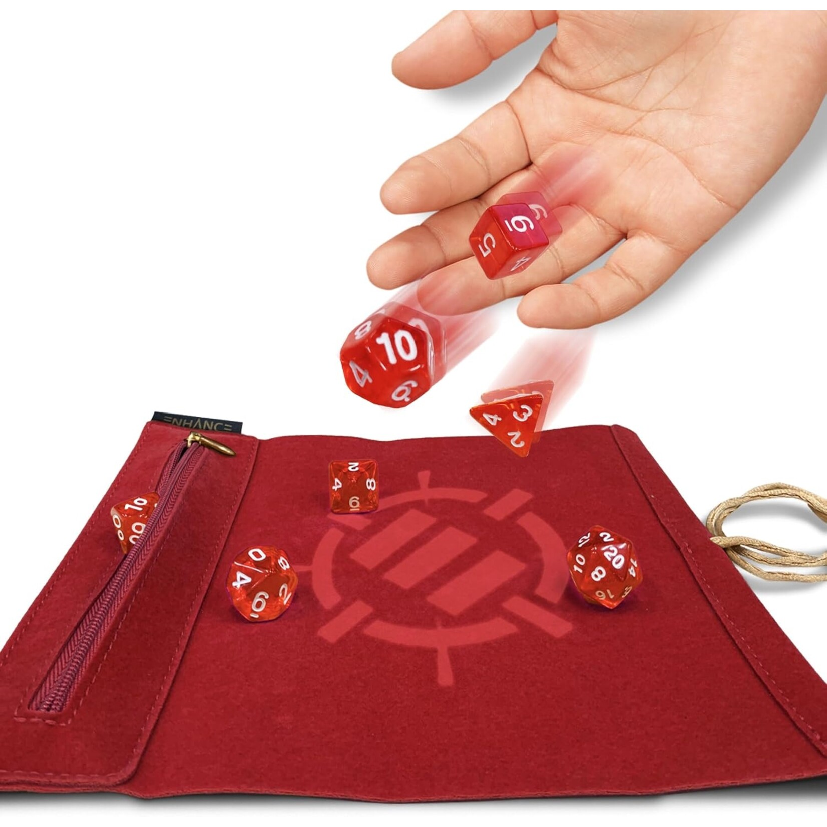 Enhance Gaming Red Tabletop Roll on a Scroll Dice Case and 7pc Acrylic Dice Set