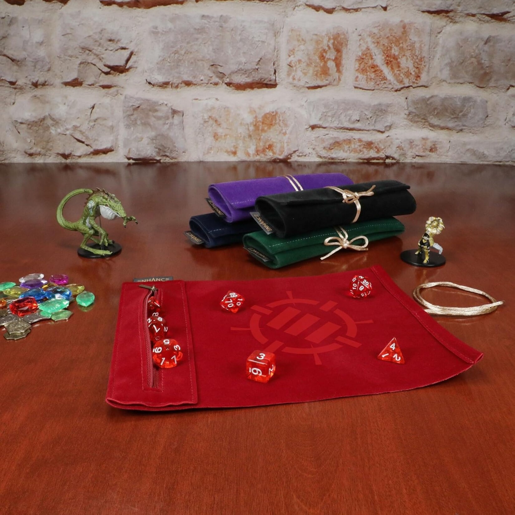 Enhance Gaming Red Tabletop Roll on a Scroll Dice Case and 7pc Acrylic Dice Set