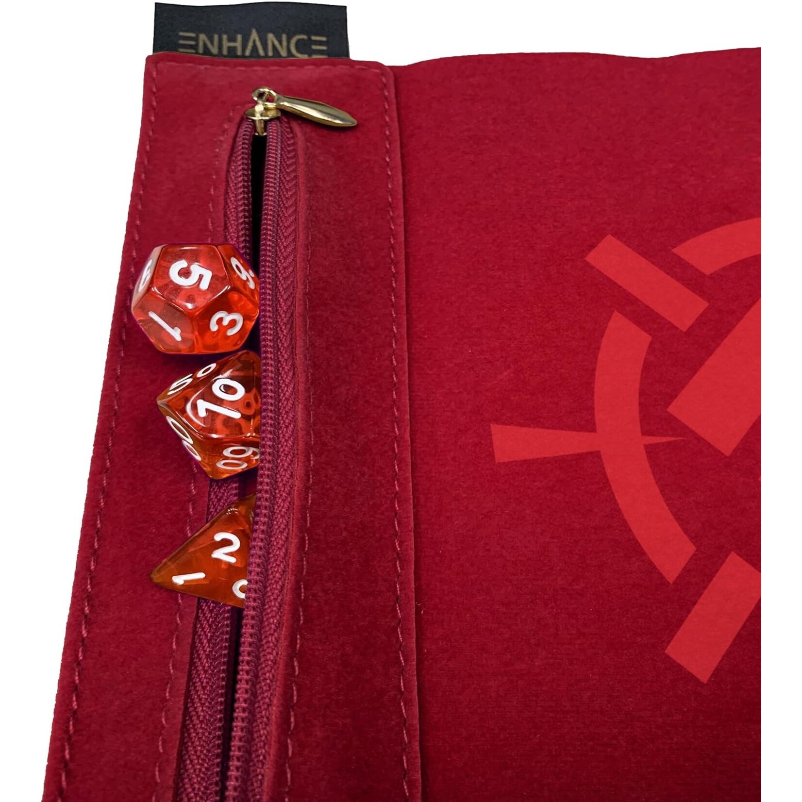 Enhance Gaming Red Tabletop Roll on a Scroll Dice Case and 7pc Acrylic Dice Set