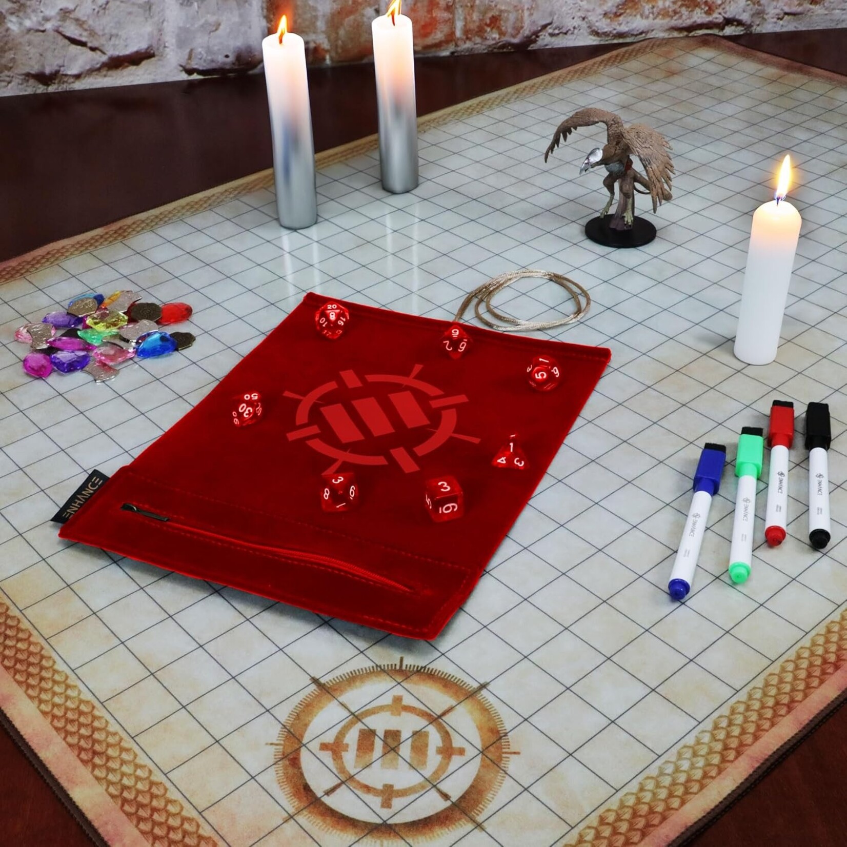 Enhance Gaming Red Tabletop Roll on a Scroll Dice Case and 7pc Acrylic Dice Set