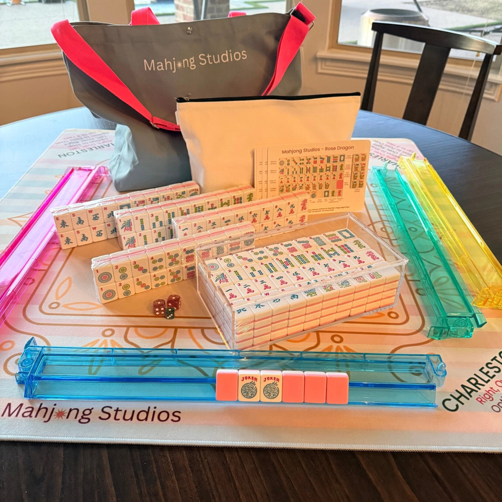 Mahjong Studios Rose Dragon American Mahjong  Bundle  - Multi-Color Trays and Pastel Mat