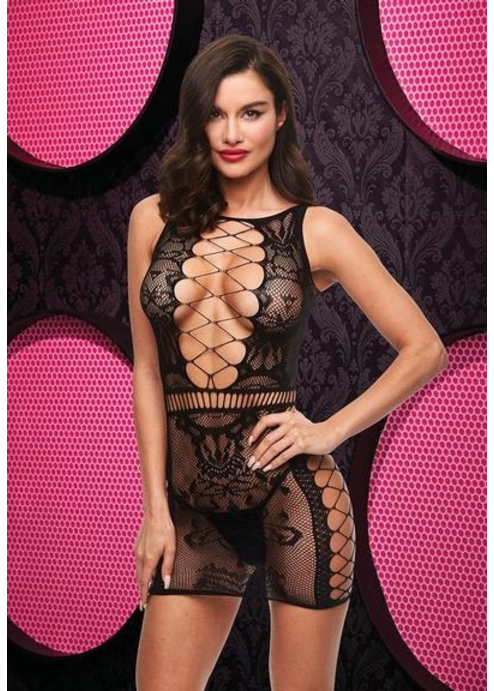 Lapdance Sexy Fishnet & Lace Mini Dress - blk OS