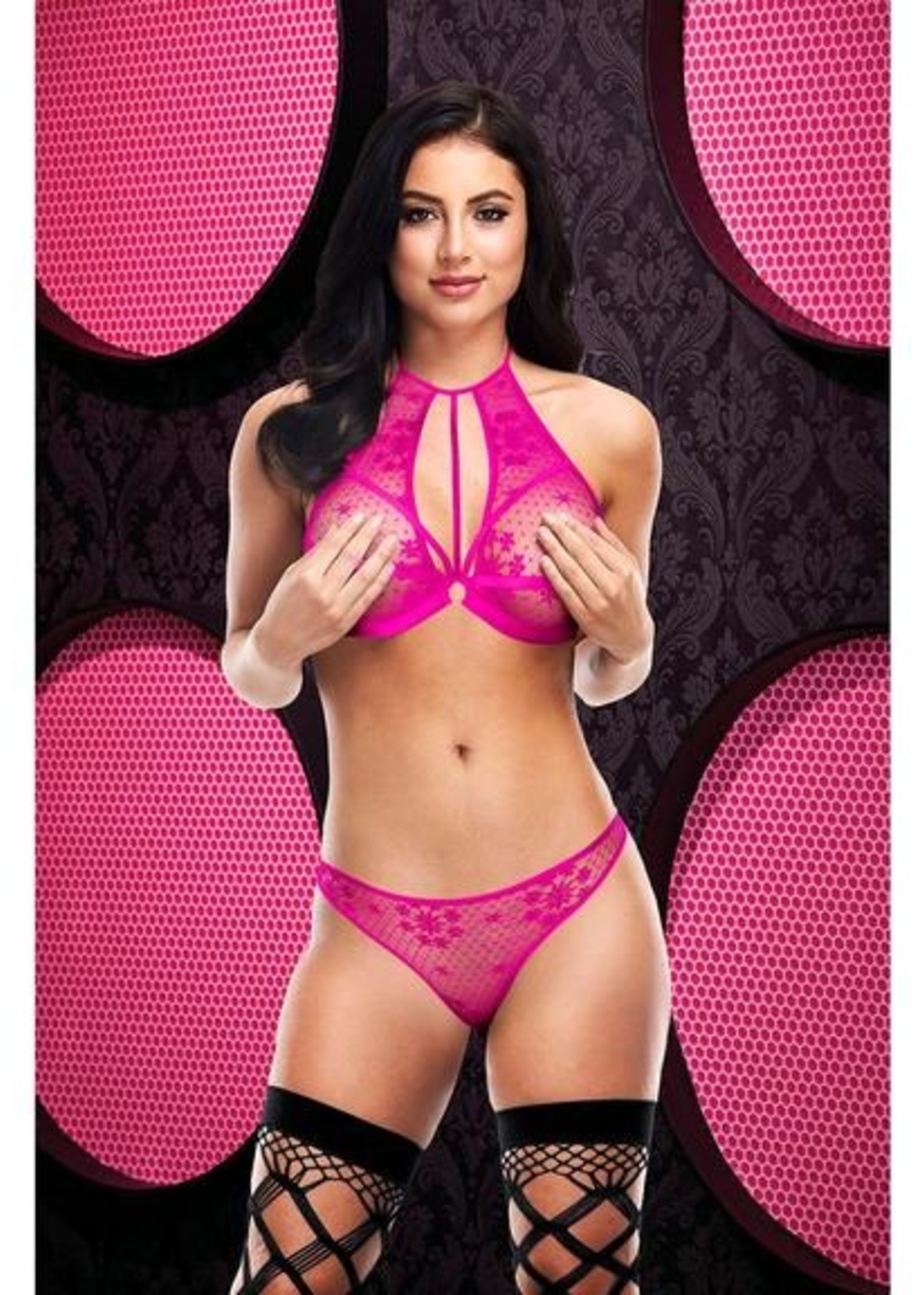 Lapdance 2pc Sexy Strappy Lace Bra & Panty - pink OS