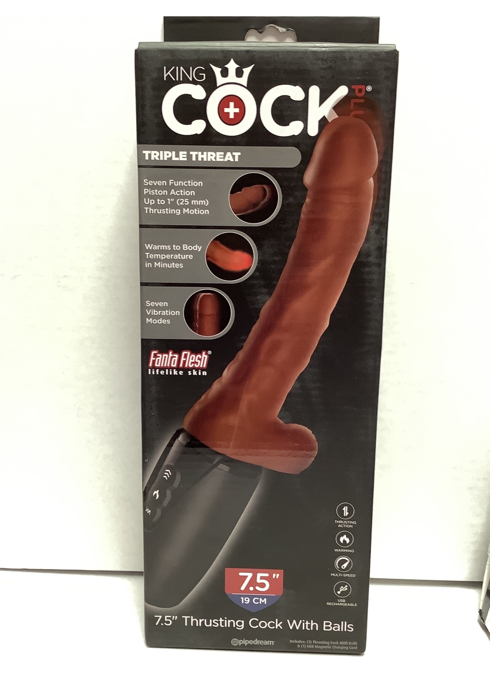 King Cock King Cock Plus Thrusting, Warming & Vibrating  7.5" Triple Threat Dong - Brown