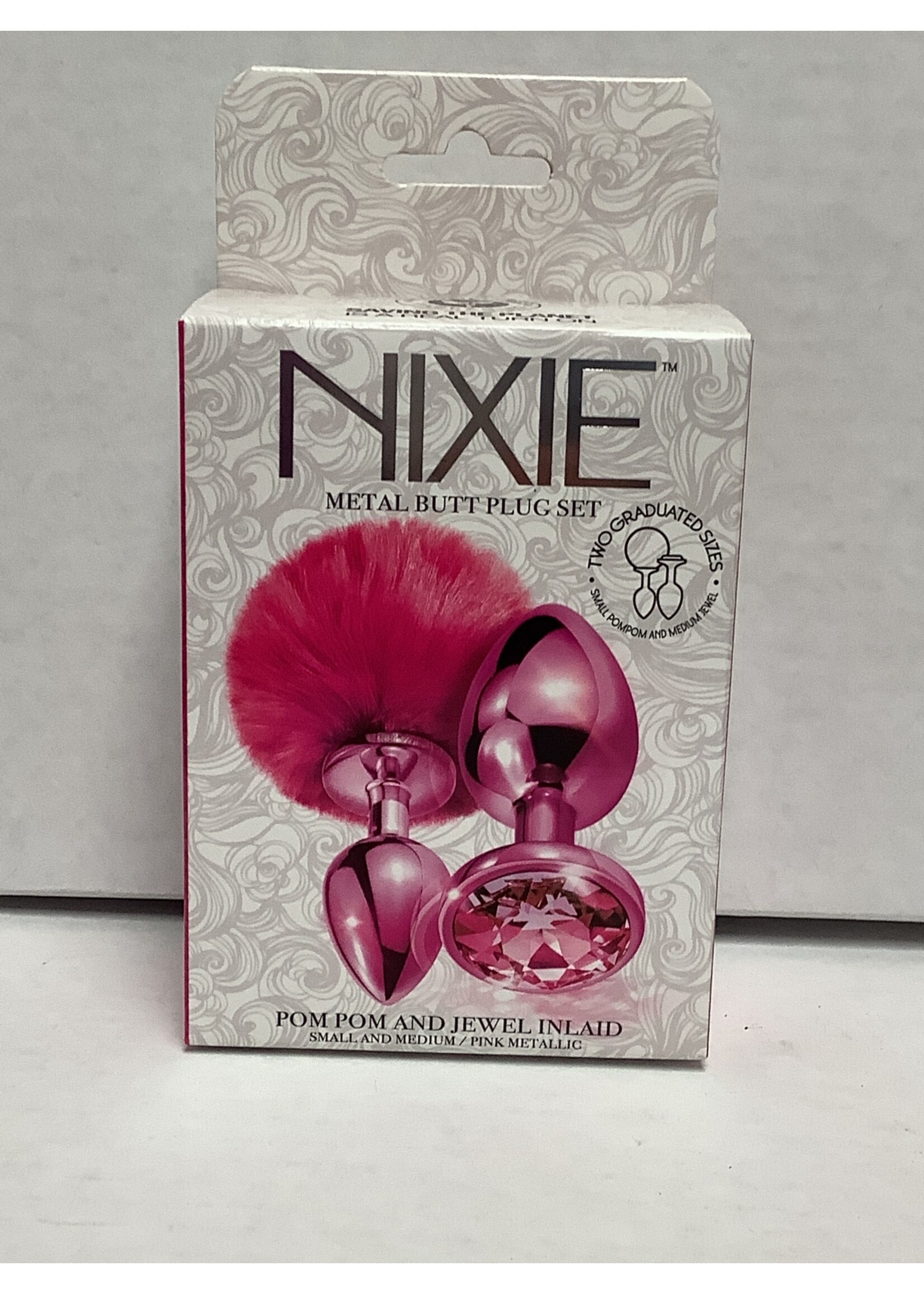 Nixie Nixie Metal Butt Plug Set w/Jewel Inlaid & Pom Pom - Pink Metallic