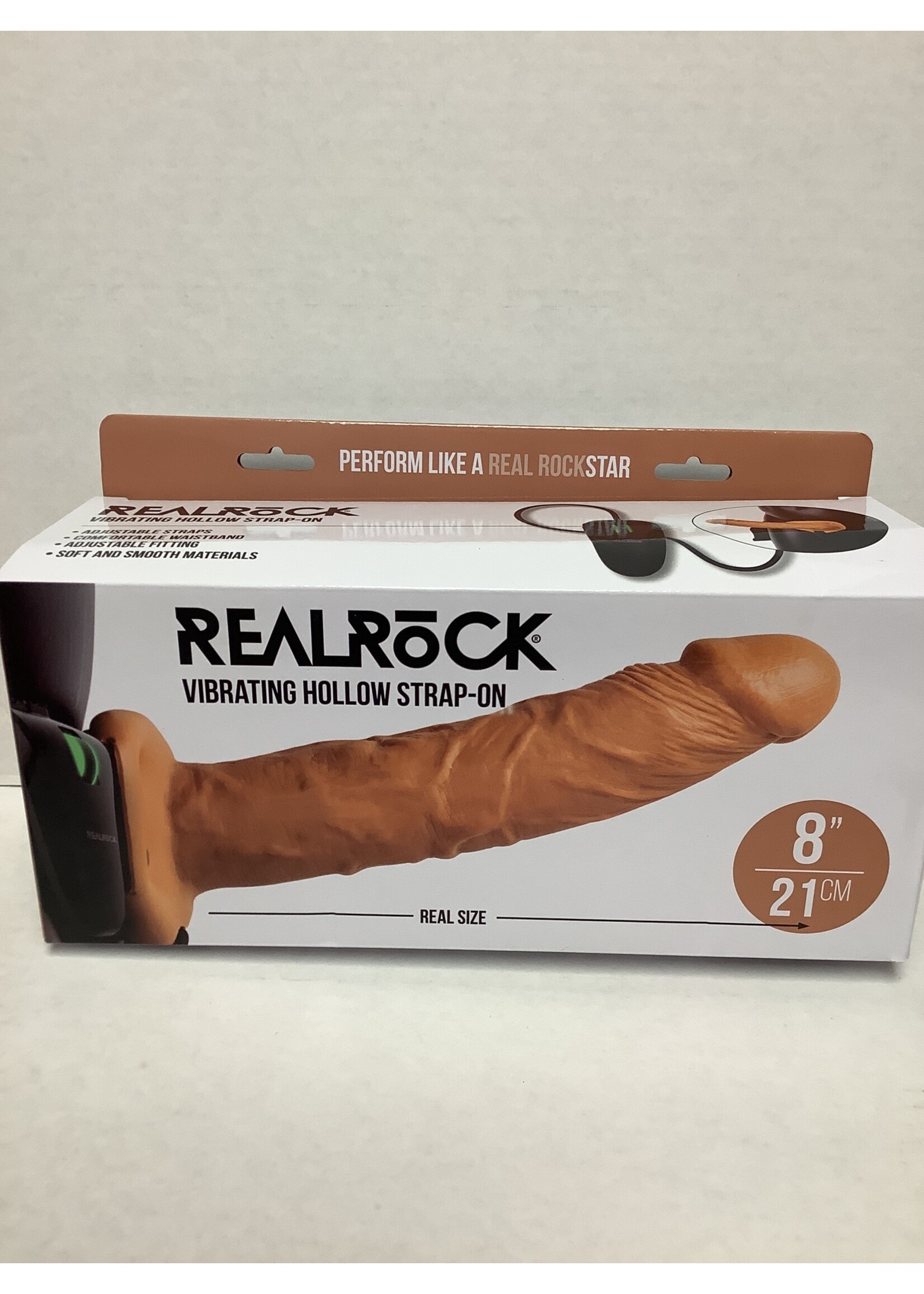 RealRock Shots RealRock 8" Vibrating Hollow Strap On W/O Balls - Tan