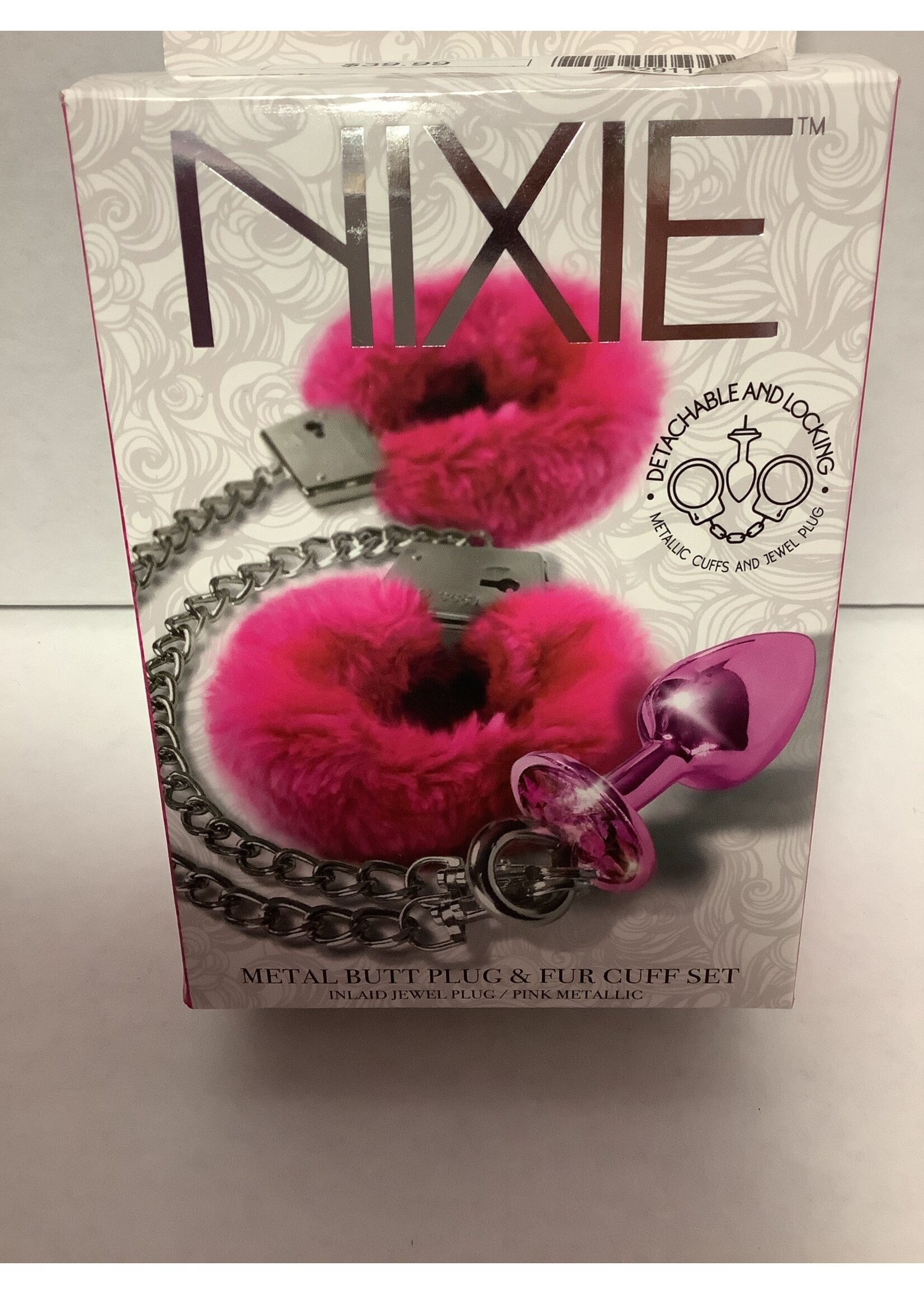 Nixie Nixie Metal Butt Plug w/Inlaid Jewel & Fur Cuff Set - Pink Metallic