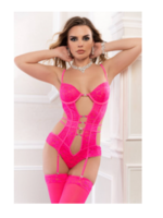G World 2 Pc Deep Plunge Strappy Teddy and Stockings - One Size - Glossy Pink