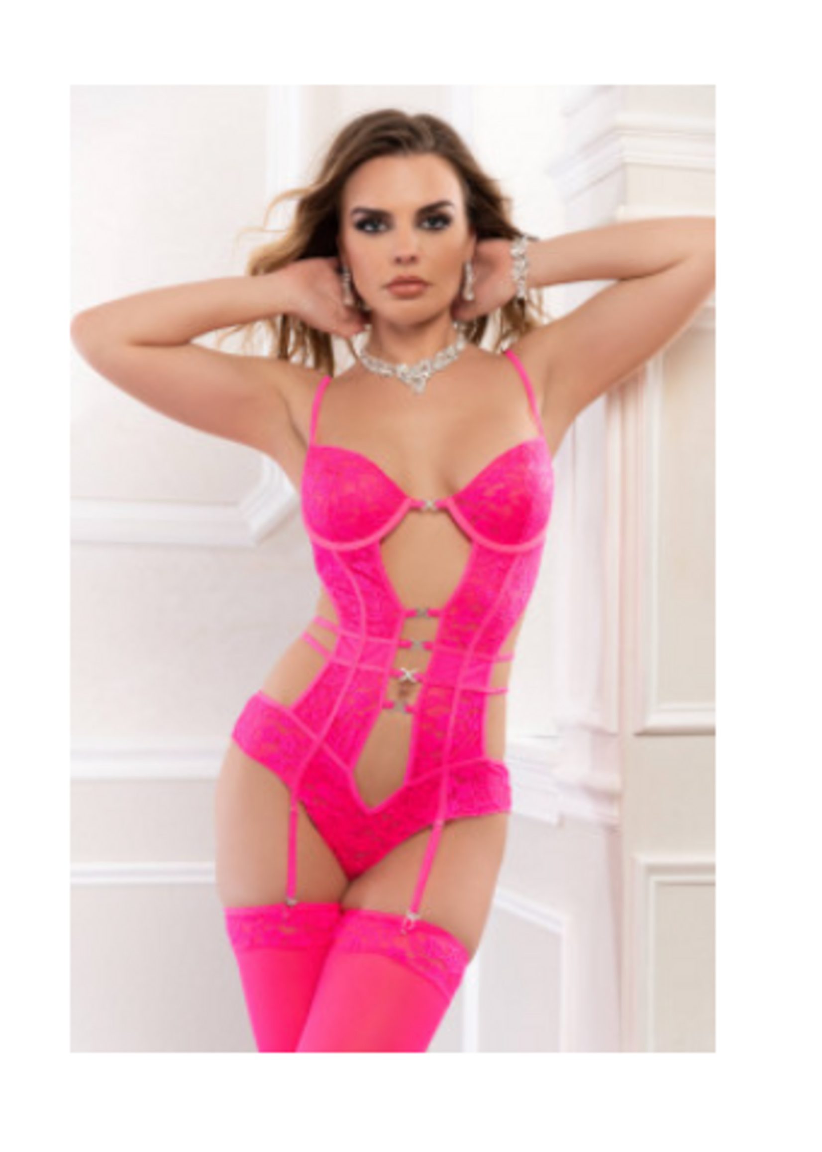 G World 2 Pc Deep Plunge Strappy Teddy and Stockings - One Size - Glossy Pink