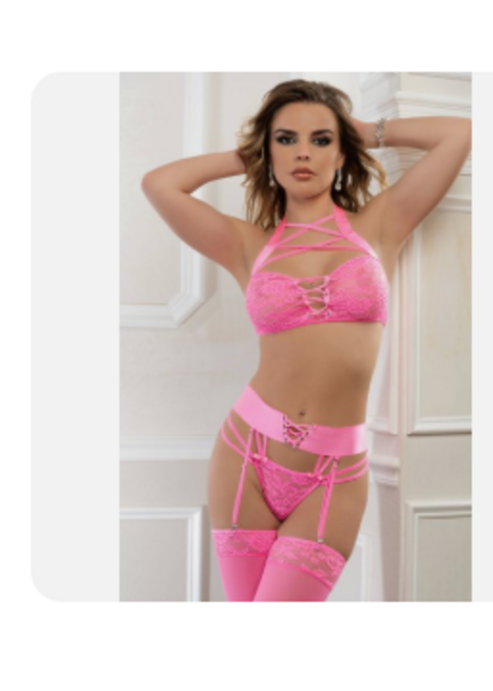 G World G World Intimates Summer Pink Bustier Cage Halter Lingerie Set w/ Stockings