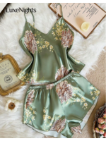 LuxeNights 2pcs Women Sexy Deep-V Print Camisole And Shorts Set, Elegant Satin Outfit, Suitable For All Seasons
