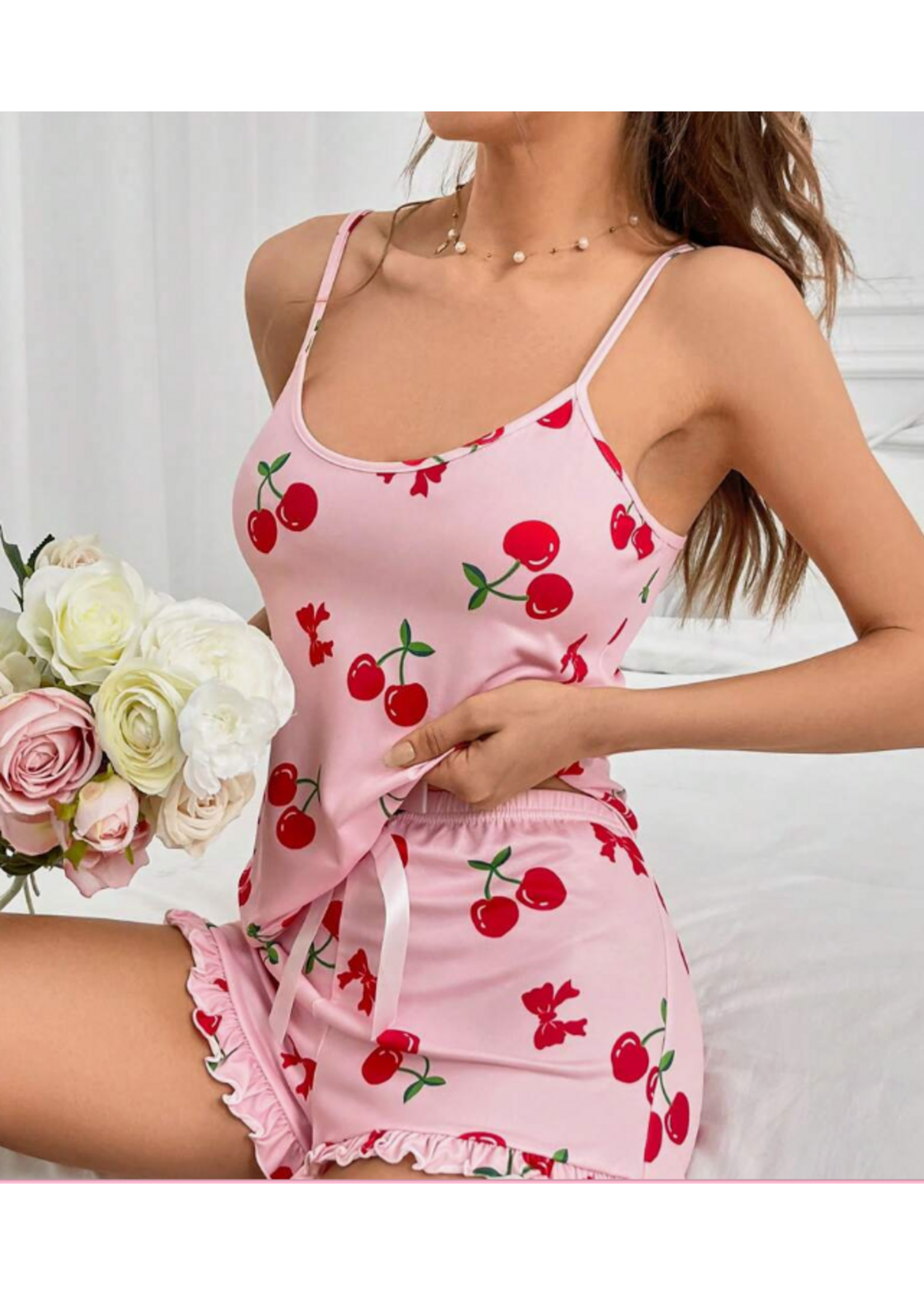 Women's Cherry Print Cami Top And Shorts Pajama Set Holiday Season