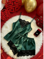 Themed Pajama Set, Satin Lace Camisole And Shorts, Home Wear For Couples Or Best Friends BUT GREEN LACE TRIM