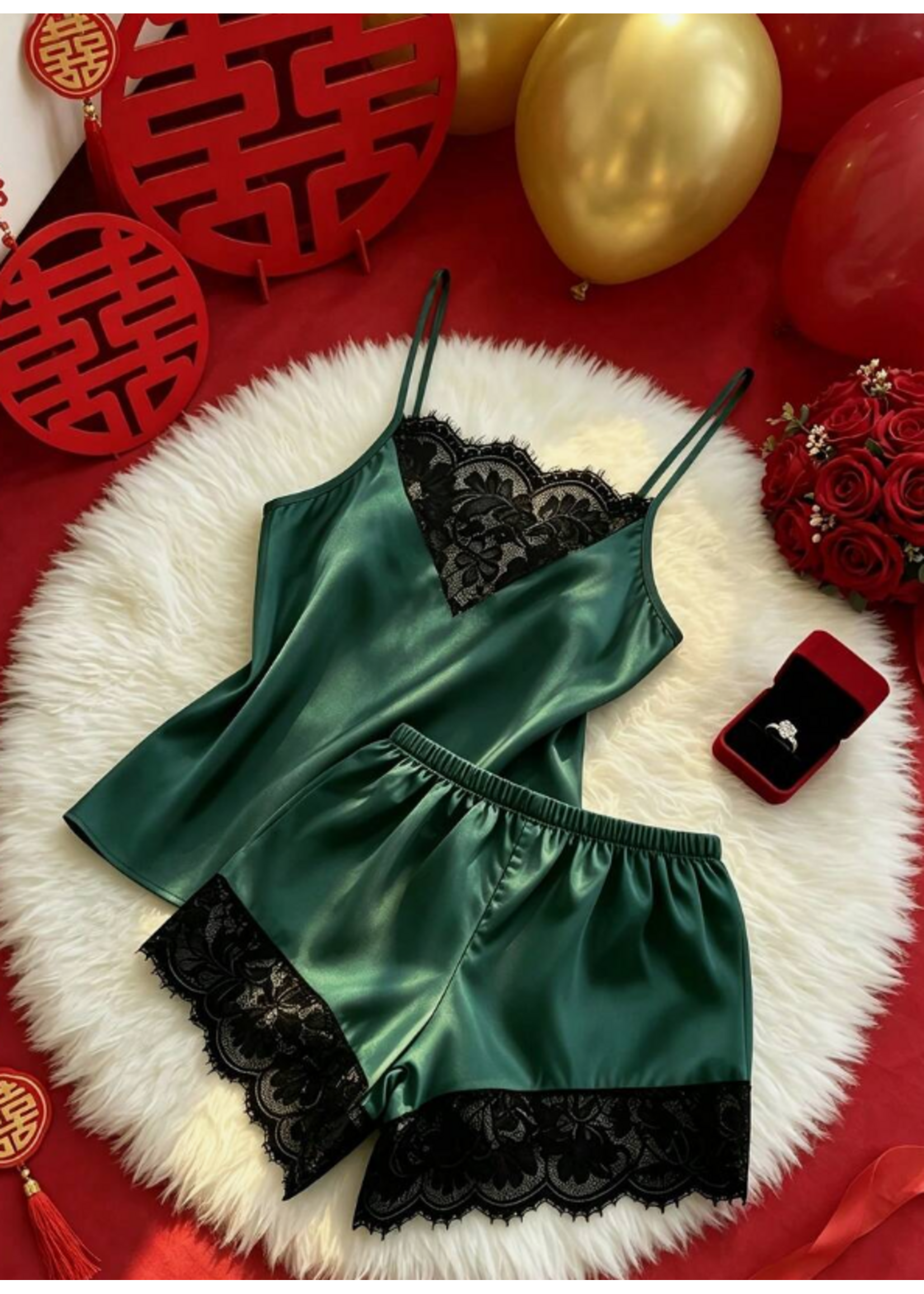Themed Pajama Set, Satin Lace Camisole And Shorts, Home Wear For Couples Or Best Friends BUT GREEN LACE TRIM