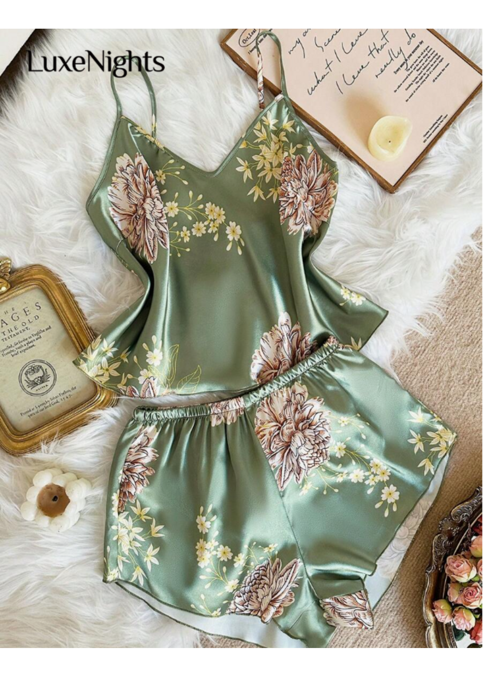 LuxeNights 2pcs Women Sexy Deep-V Print Camisole And Shorts Set, Elegant Satin Outfit, Suitable For All Seasons