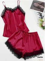 SilkySpell 2pcs/Set Silk Imitation Lace Splicing Camisole Top & Shorts Pajama Set with RED lace trim