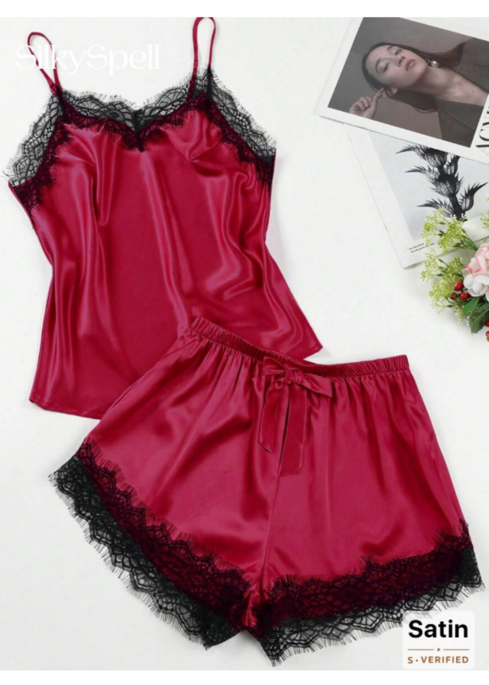 SilkySpell 2pcs/Set Silk Imitation Lace Splicing Camisole Top & Shorts Pajama Set with RED lace trim