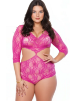 Leg Avenue 81427Q Floral Lace Deep-V Cut Teddy with Full Back Panty Pink