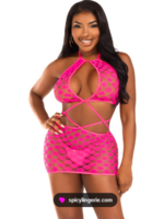 Leg Avenue 87209 Keyhole Halter Net Mini Dress Pink